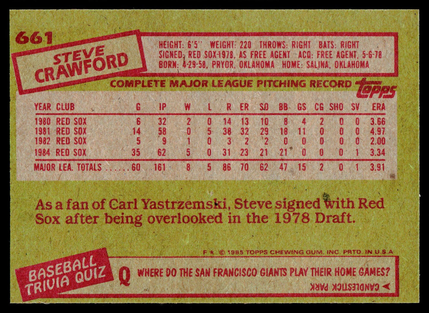 1985 Topps #661 Steve Crawford
