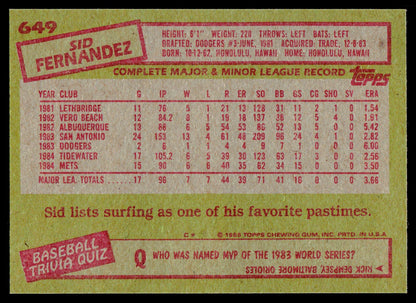 1985 Topps #649 Sid Fernandez