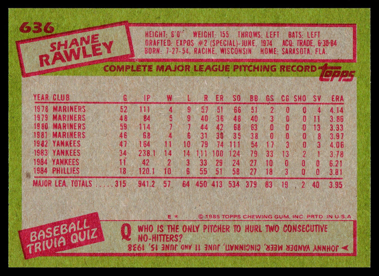 1985 Topps #636 Shane Rawley