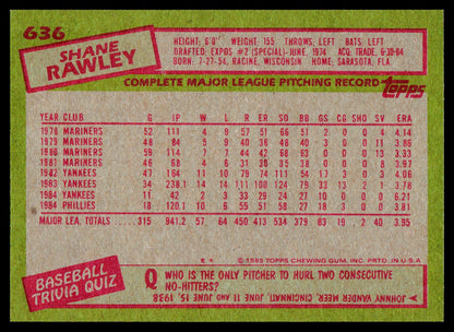 1985 Topps #636 Shane Rawley