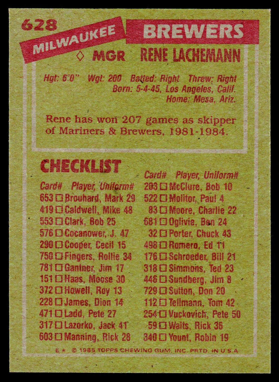 A vintage Milwaukee Brewers baseball card featuring player information for Renn Lachmann, with a yellow-green background, red and white text blocks, and a checklist section.
