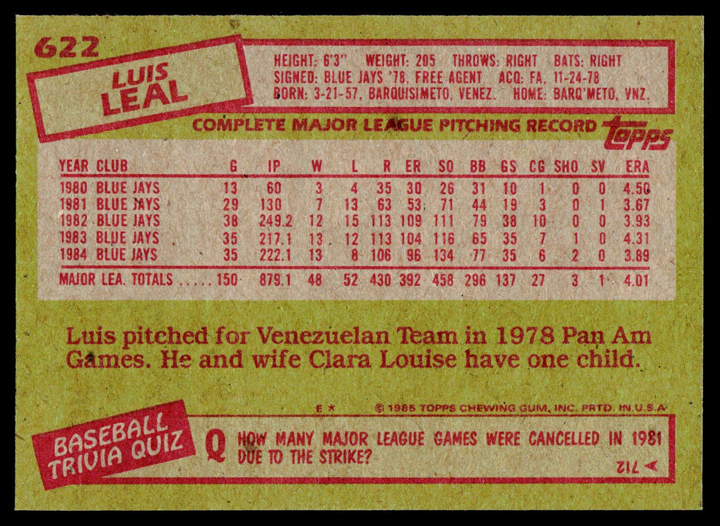 1985 Topps #622 Luis Leal