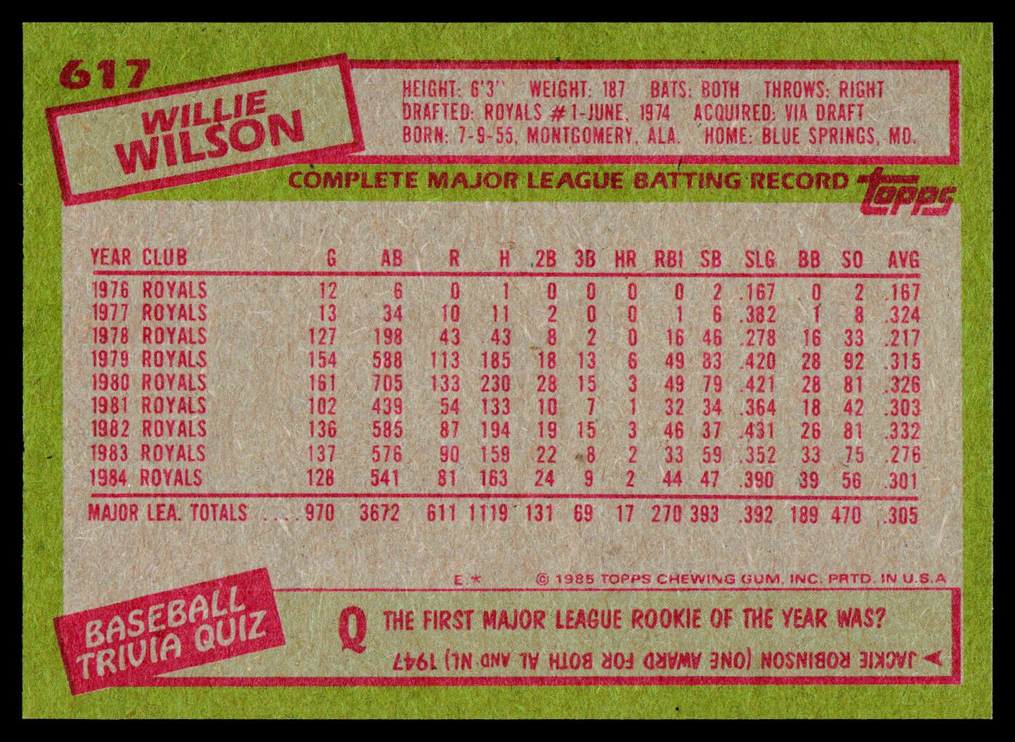 1985 Topps #617 Willie Wilson