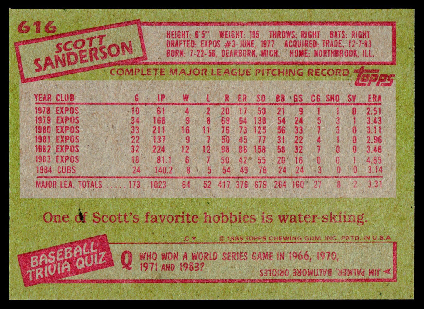 1985 Topps #616 Scott Sanderson