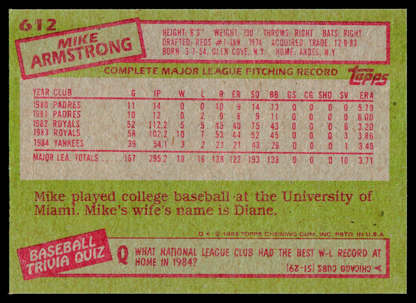 1985 Topps #612 Mike Armstrong