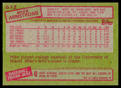 1985 Topps #612 Mike Armstrong