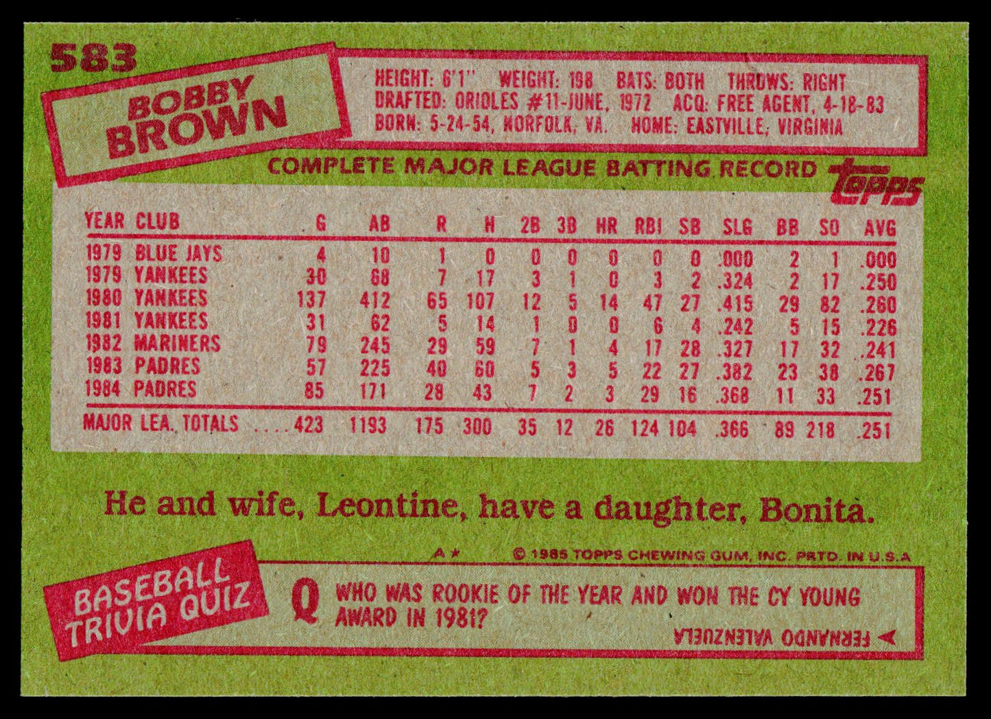 1985 Topps #583 Bobby Brown