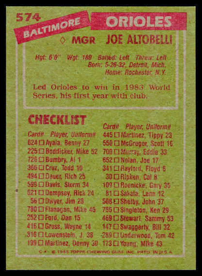 A vintage 1964 Baltimore Orioles baseball card featuring Joe Altobielli, printed on a light olive green background with red and white text blocks and a checklist section.