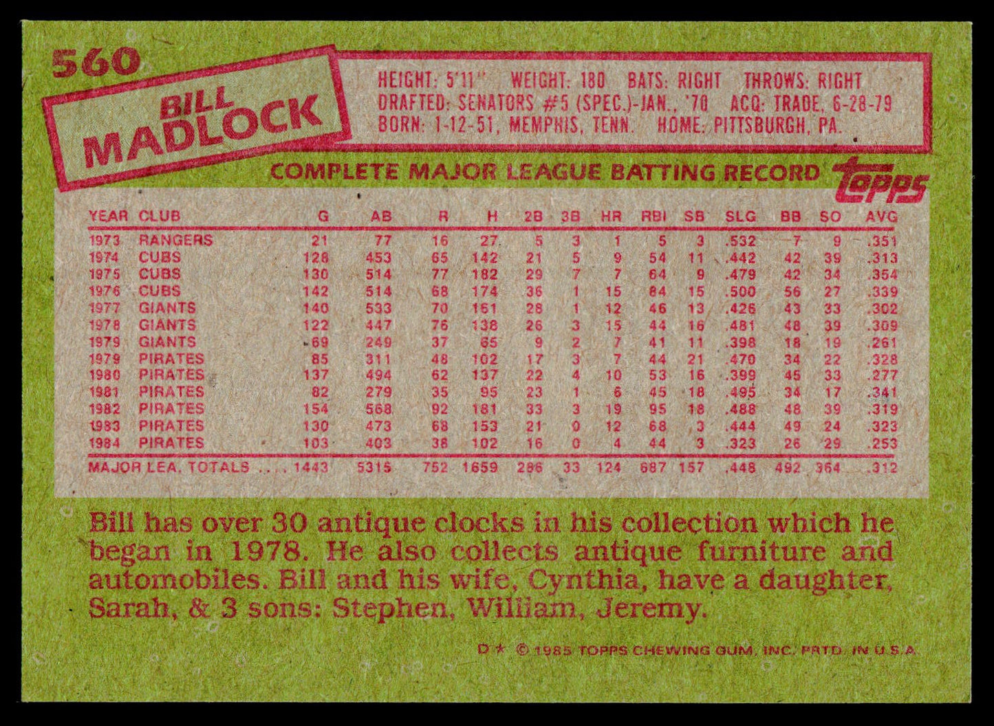 1985 Topps #560 Bill Madlock