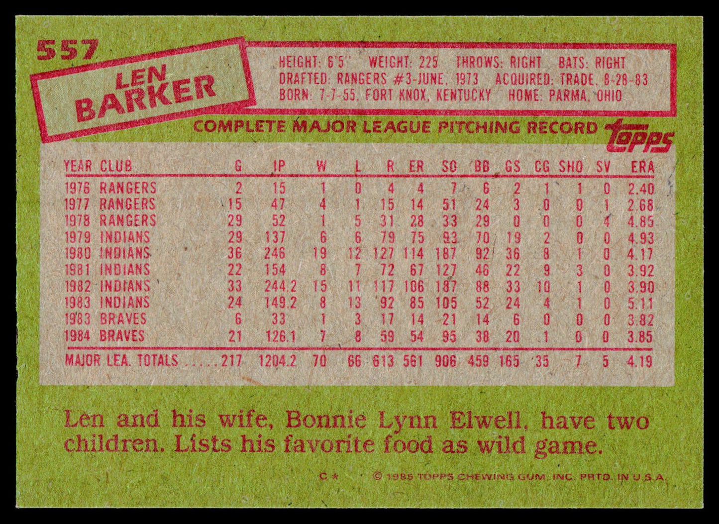 1985 Topps #557 Len Barker