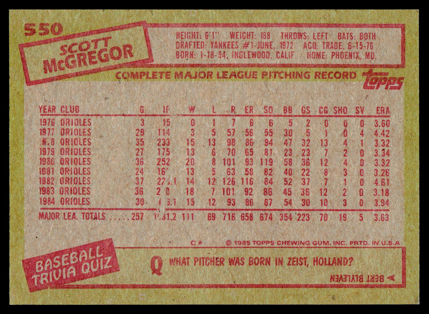 1985 Topps #550 Scott McGregor