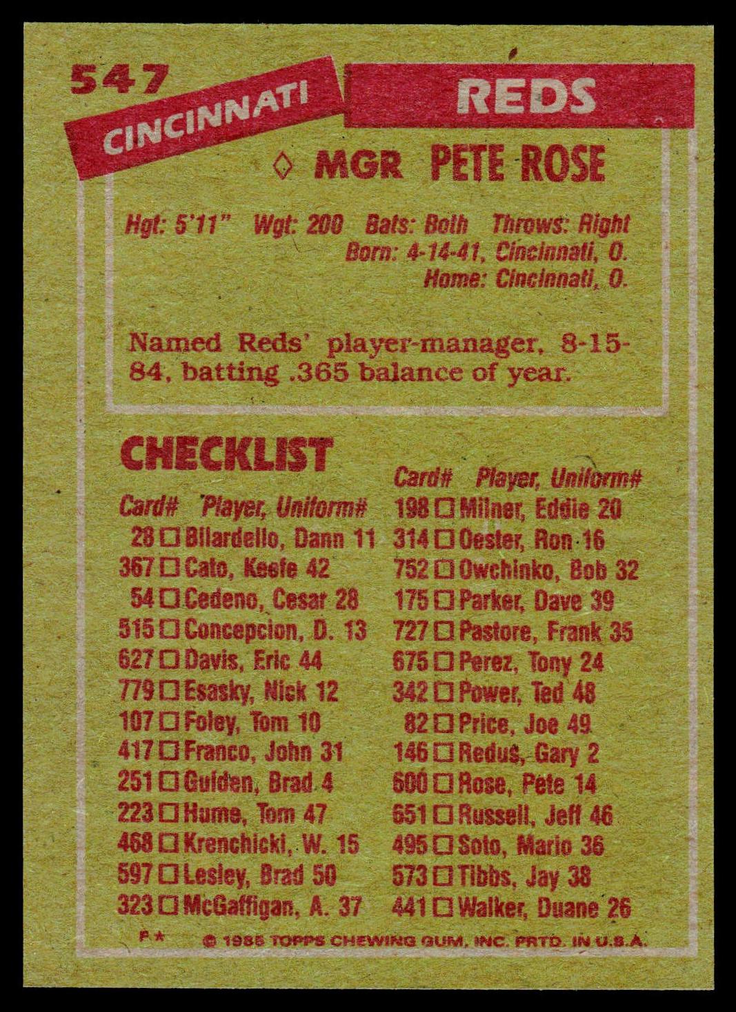 The back of a vintage 1984 Topps Cincinnati Reds baseball trading card featuring Pete Rose. The card has a textured tan background with red and black text, and a red header at the top.