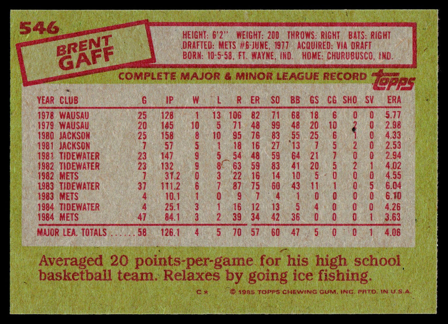 1985 Topps #546 Brent Gaff