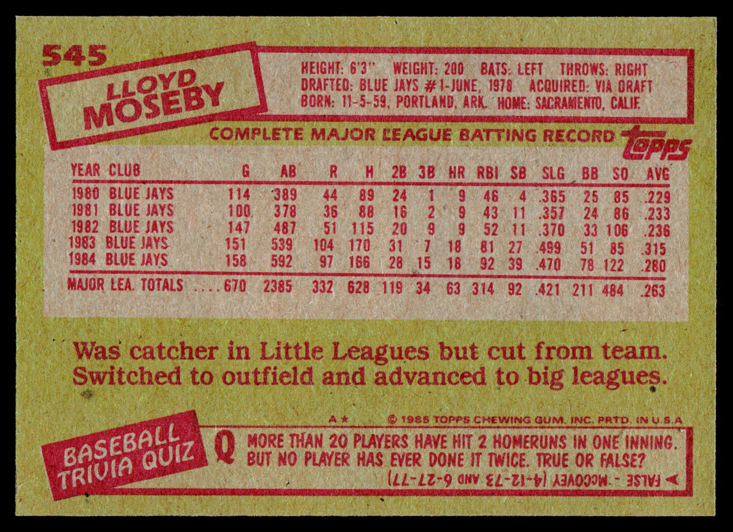 1985 Topps #545 Lloyd Moseby