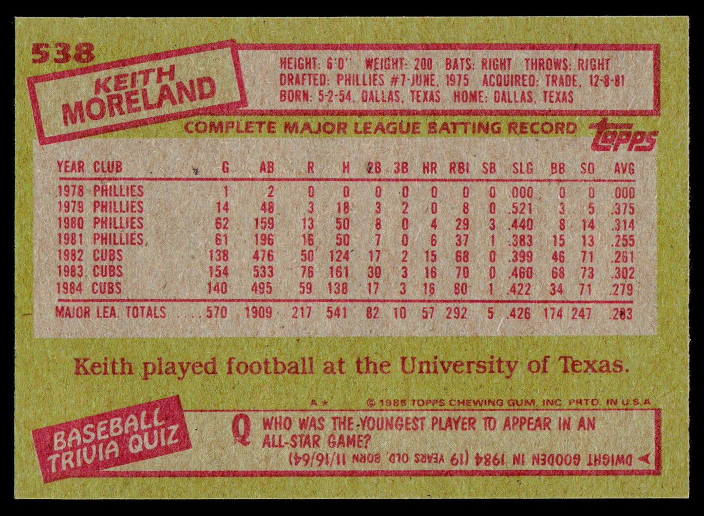 1985 Topps #538 Keith Moreland