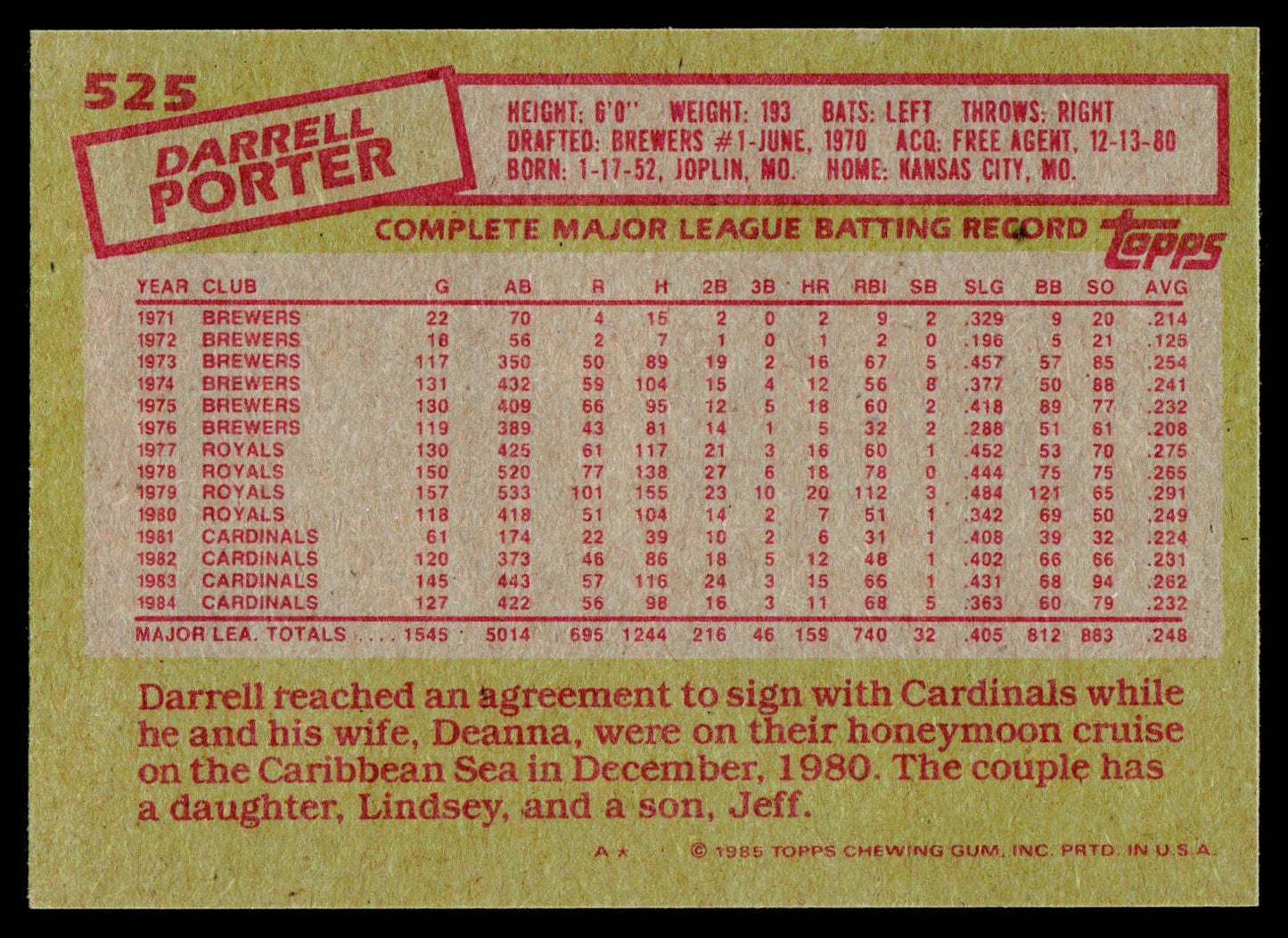 1985 Topps #525 Darrell Porter