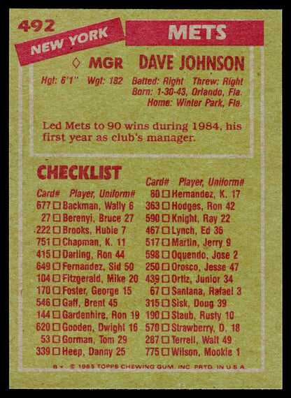 A vintage baseball trading card showing the back side for Dave Johnson of the New York Mets. The card has a textured light green background with red and white text blocks, including a 'METS' banner on the left and a 'CHECKLIST' column on the right.