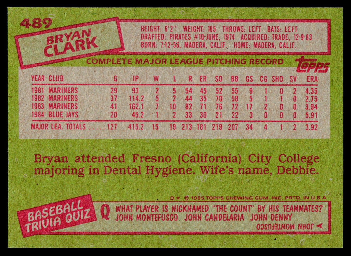1985 Topps #489 Bryan Clark