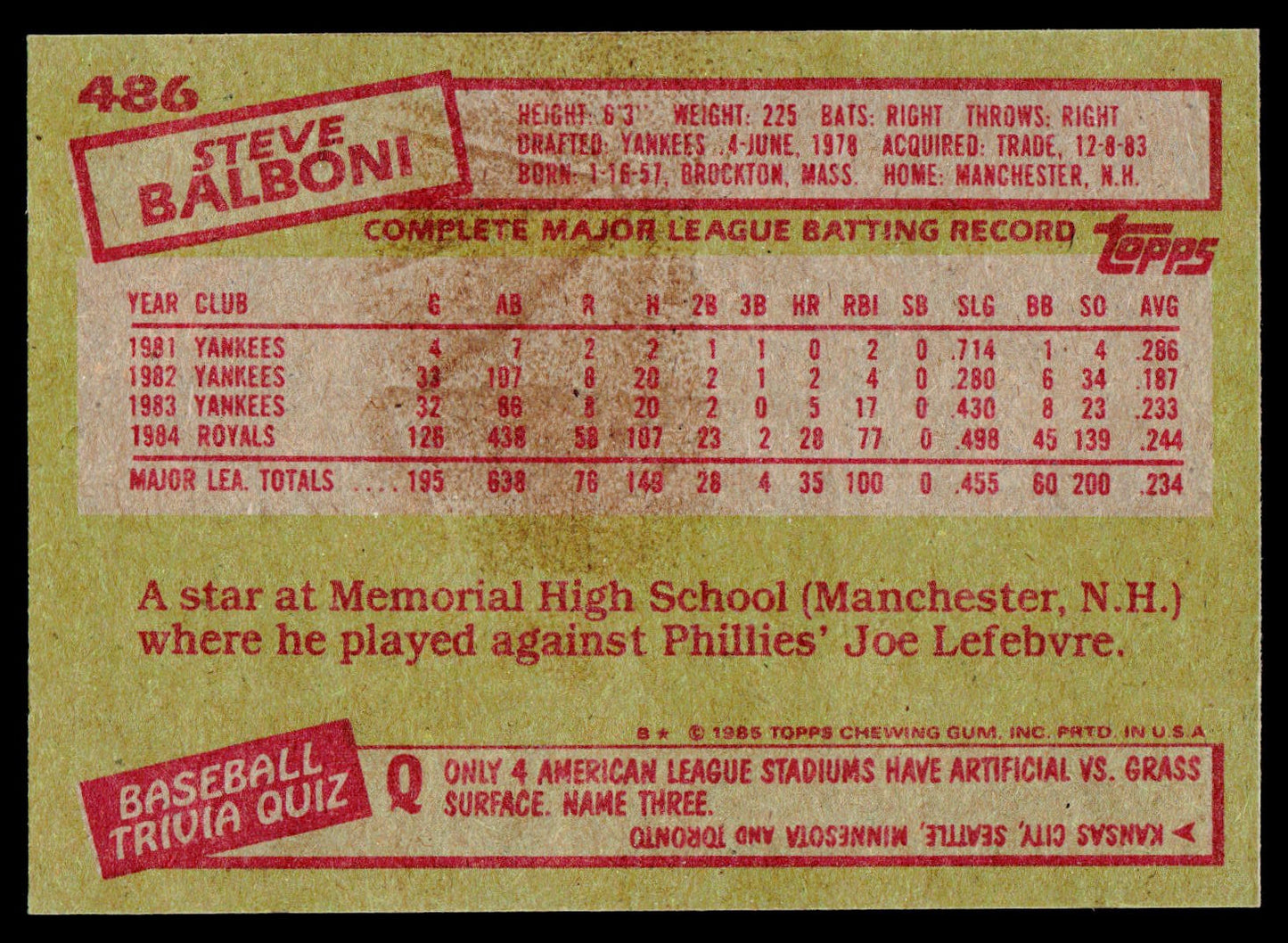 1985 Topps #486 Steve Balboni