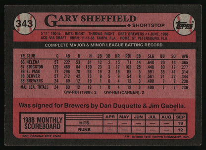 1989 Topps #343c Gary Sheffield : Topps logo lower on front
