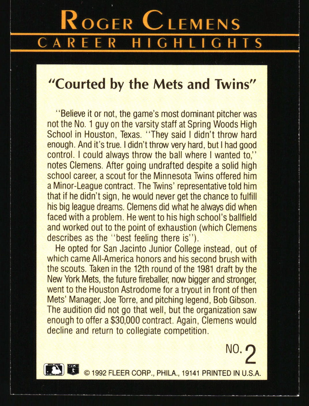 1992 Fleer #2 Roger Clemens Career Highlights