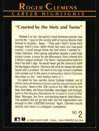1992 Fleer #2 Roger Clemens Career Highlights