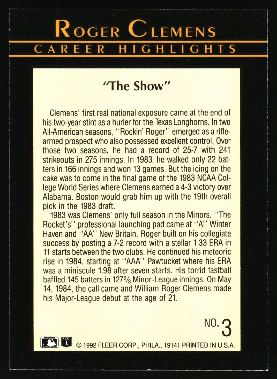 1992 Fleer #3 Roger Clemens Career Highlights