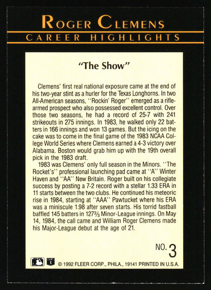 1992 Fleer #3 Roger Clemens Career Highlights
