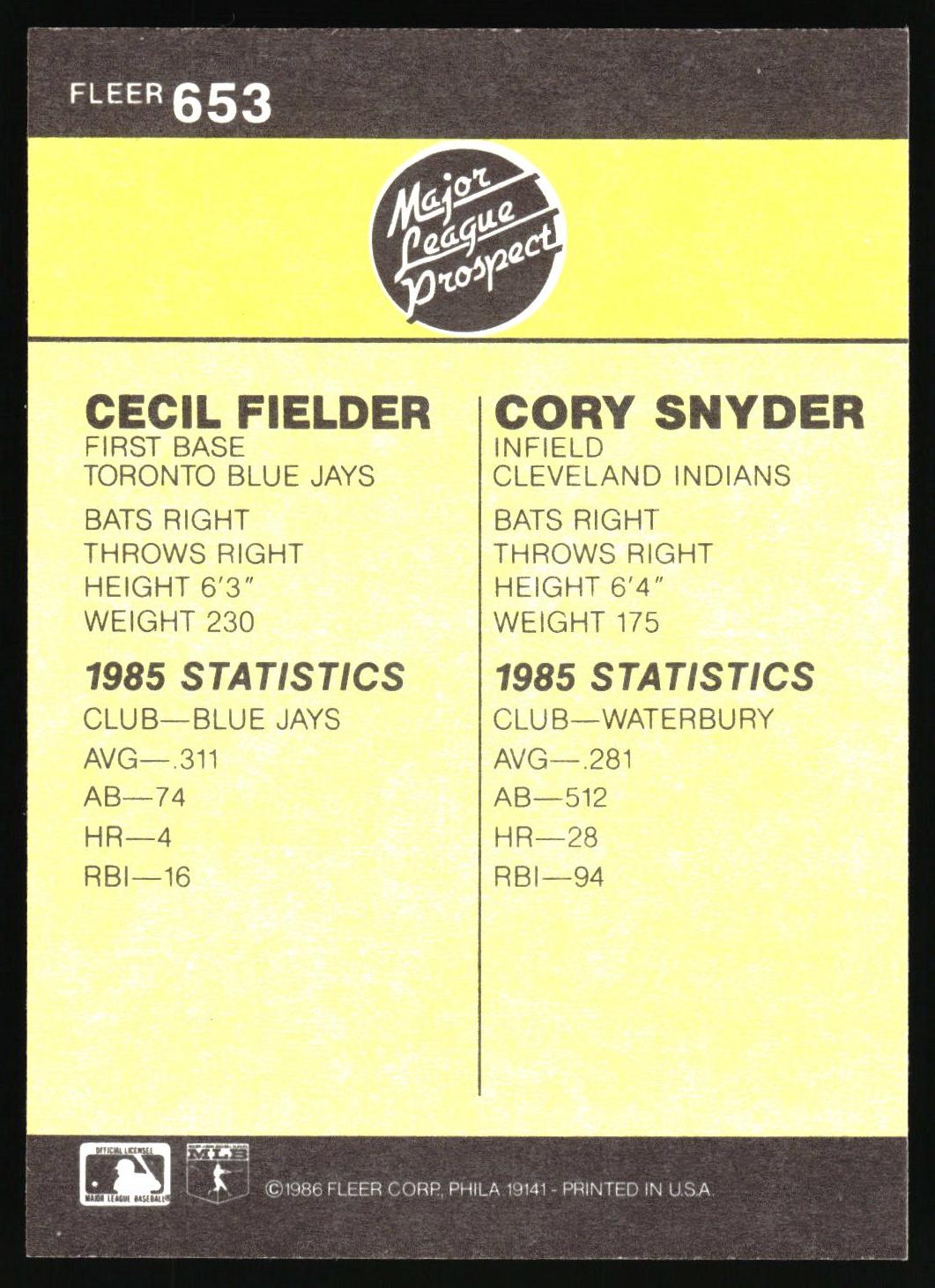 1986 Fleer #653 Cecil Fielder / Cory Snyder