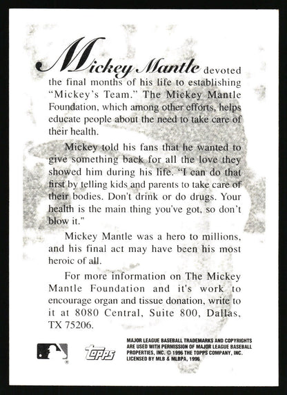 1996 Topps Mickey Mantle Foundation Tribute #NNO Mickey Mantle
