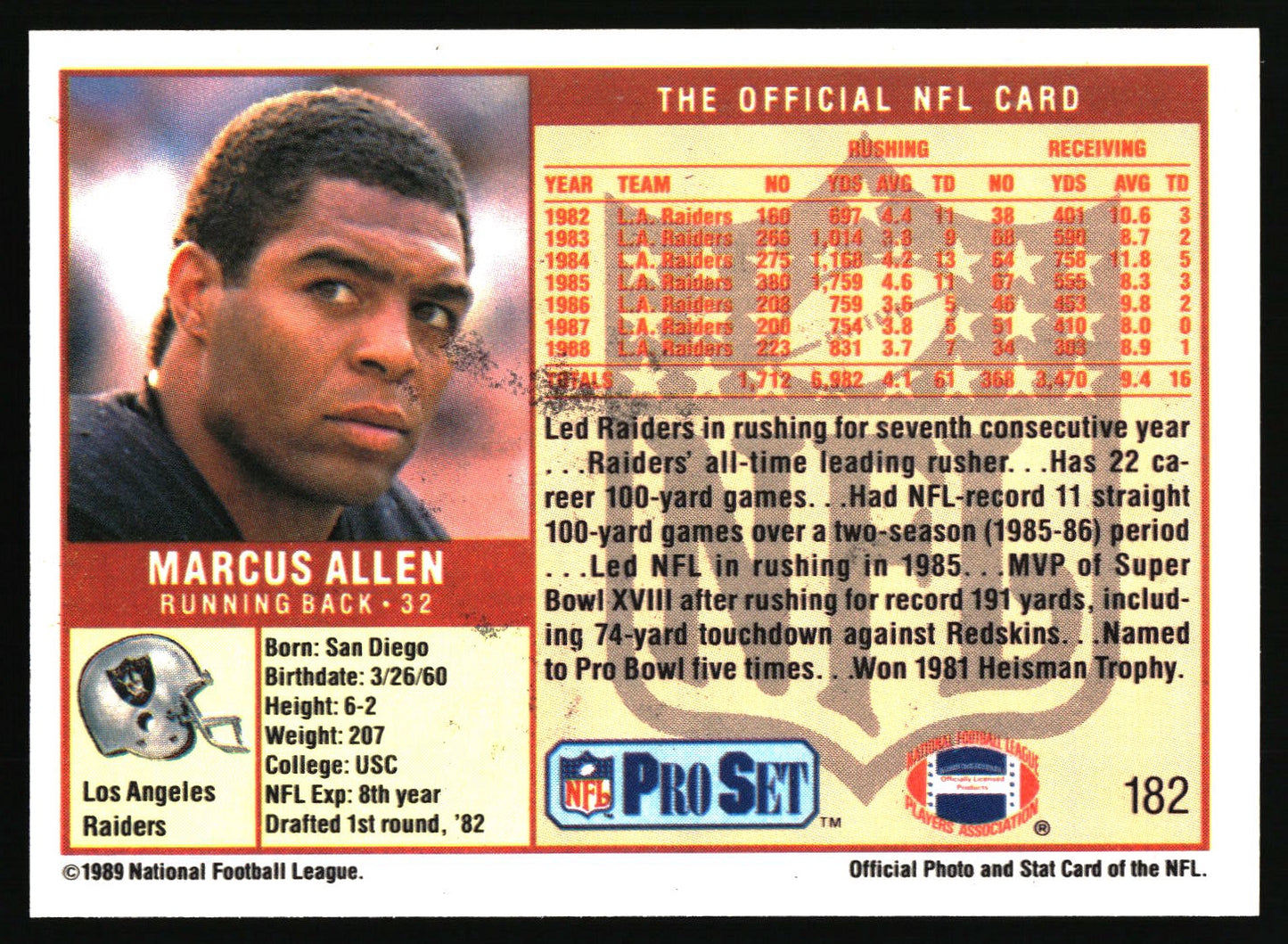 1989 Pro Set #182 Marcus Allen