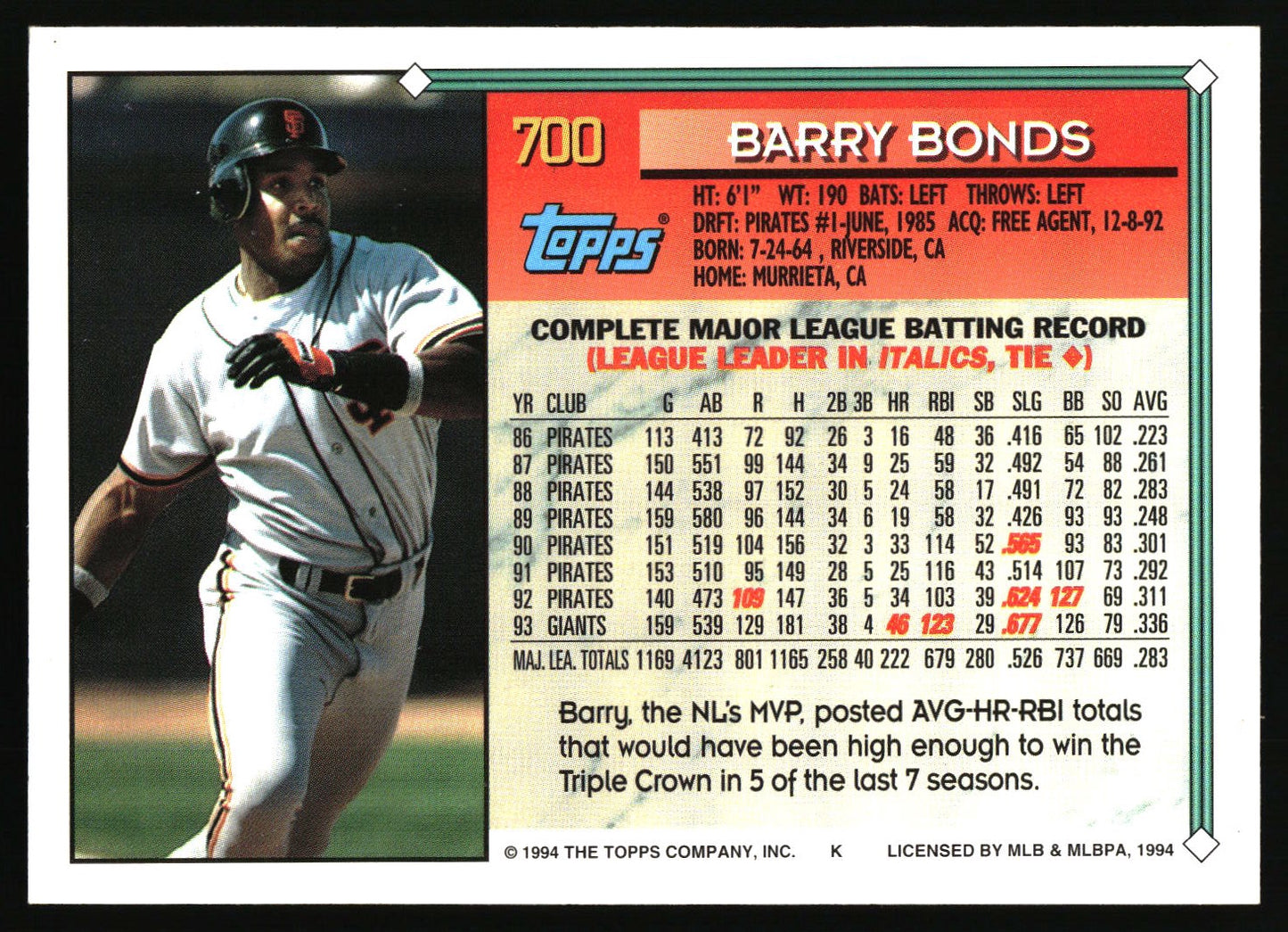 1993 Topps #2b Barry Bonds 1994 Topps Pre-Production Samples : Vertical