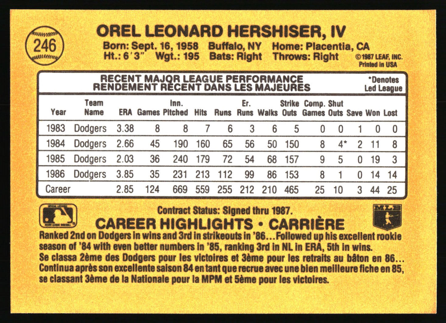 1987 Leaf #246 Orel Hershiser