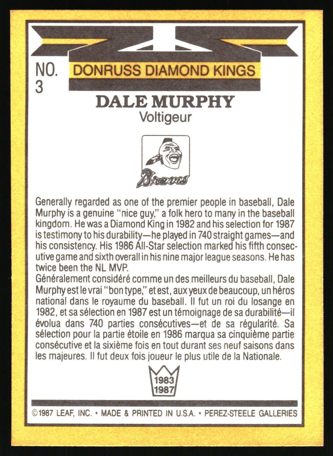 A vintage baseball trading card back featuring Dale Murphy, with a yellow border, black header, white text, and a small team logo. The card includes biographical text in English and French and is photographed against a light neutral background.