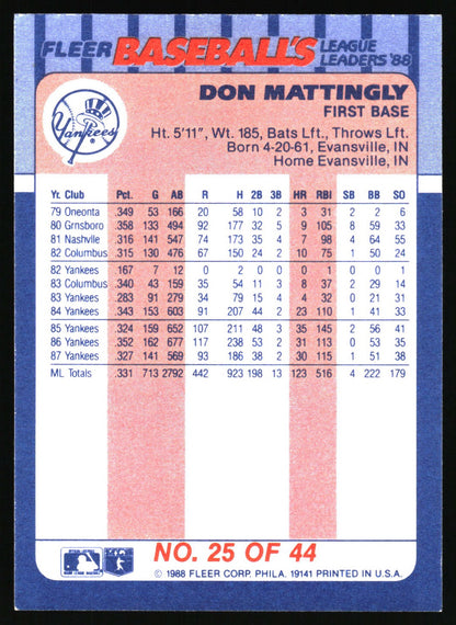 1988 Fleer Baseball's League Leaders #25 Don Mattingly