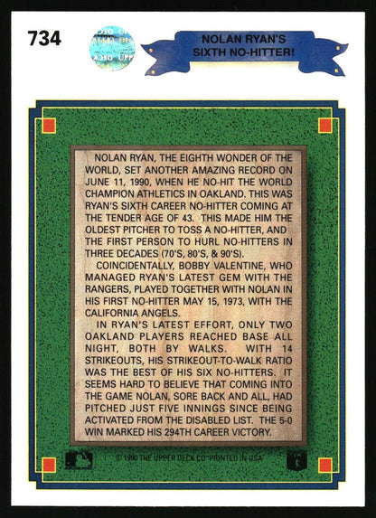 1990 Upper Deck #734b Nolan Ryan : 300th Win banner on front