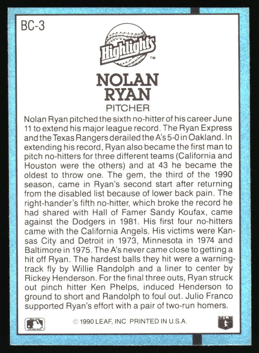 1991 Donruss #BC-3b Nolan Ryan Bonus Cards