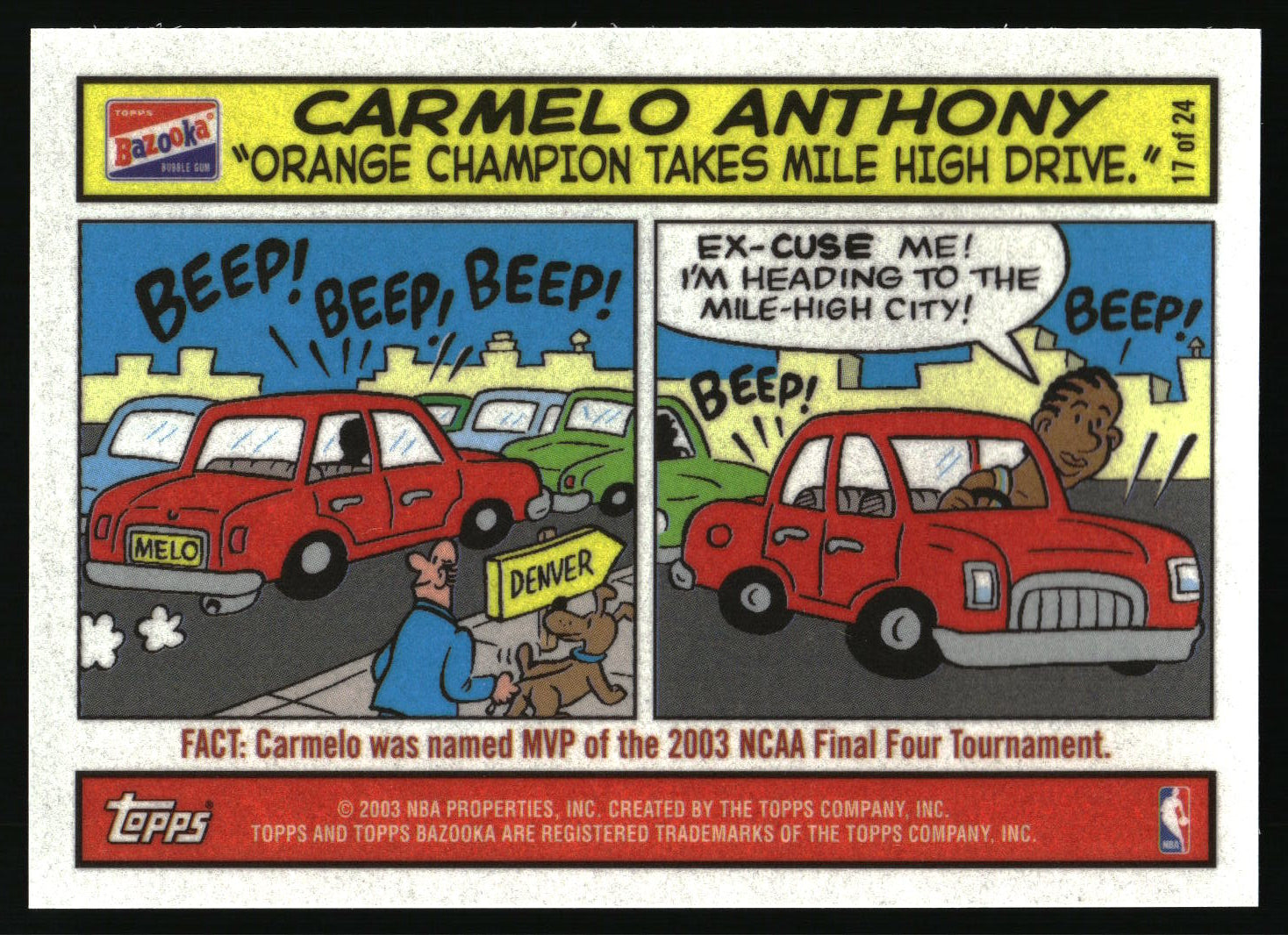 A vintage Topps trading card featuring a comic-style panel about Carmelo Anthony, with a red car, speech bubbles, and vertical text including 'Carmelo Anthony' and 'Orange Champion Takes Mile High Drive.'.