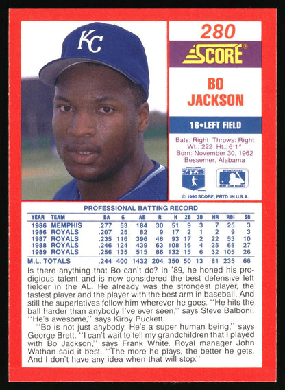 A vintage baseball trading card featuring Bo Jackson of the Kansas City Royals. The card has a red border, a white header with player statistics and biographical text, and a color photo of Bo Jackson wearing a blue Kansas City Royals cap.