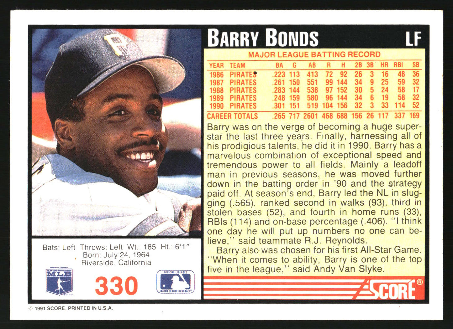 A vintage 1990 Ace Sports baseball trading card featuring Barry Bonds, with a portrait, player stats, and team information on a white background.