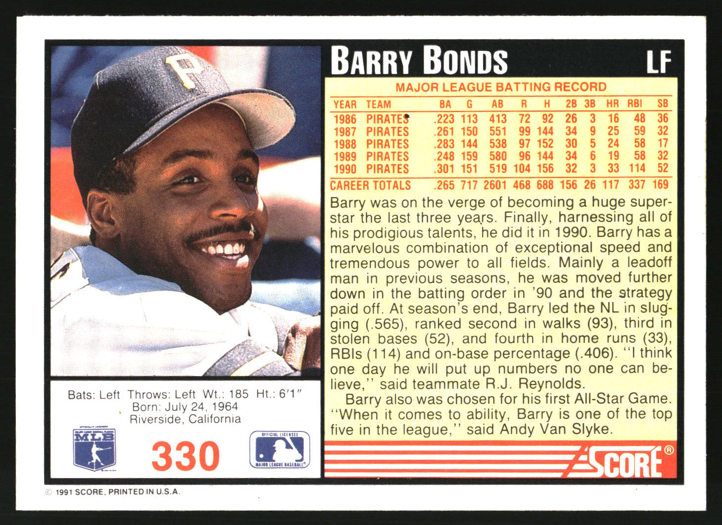A vintage 1990 Ace Sports baseball trading card featuring Barry Bonds, with a portrait, player stats, and team information on a white background.
