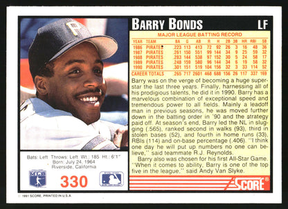 A vintage 1990 Ace Sports baseball trading card featuring Barry Bonds, with a portrait, player stats, and team information on a white background.