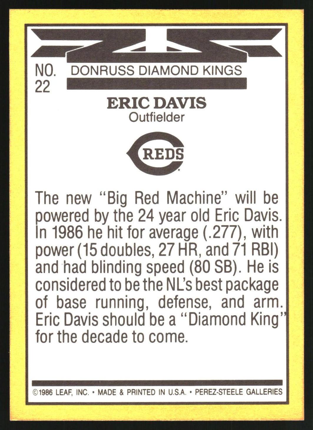 A vintage baseball trading card featuring Eric Davis of the Donnu's Diamond Kings, with a white background, black text, and a yellow border.