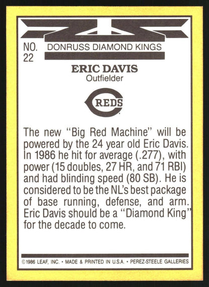 A vintage baseball trading card featuring Eric Davis of the Donnu's Diamond Kings, with a white background, black text, and a yellow border.