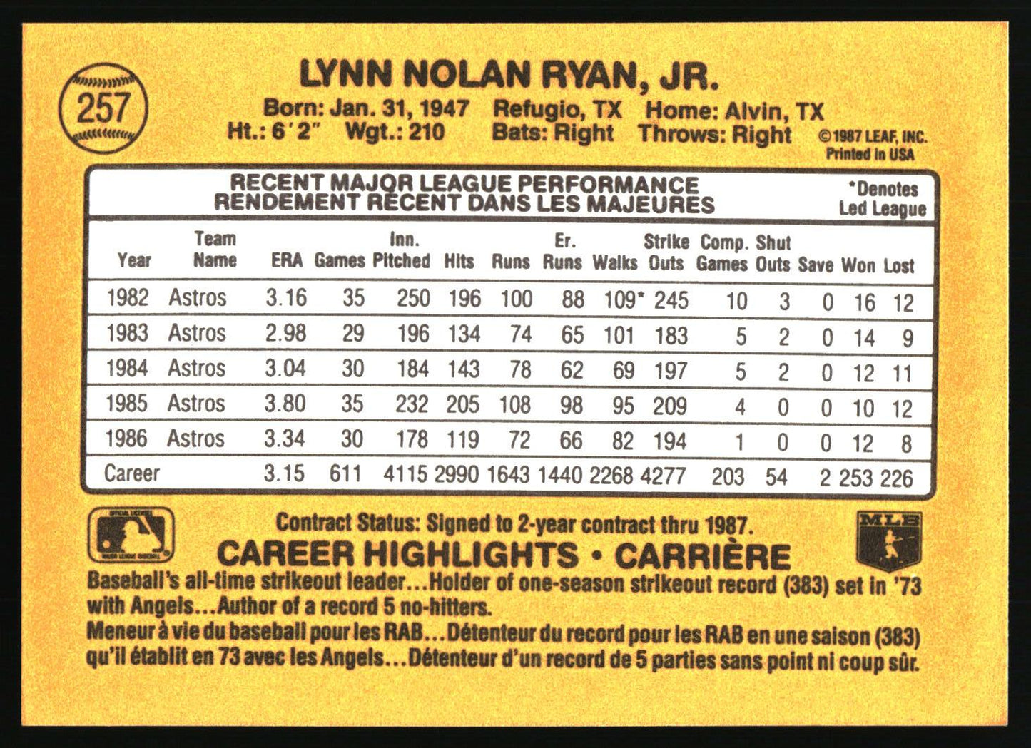 1987 Leaf #257 Nolan Ryan