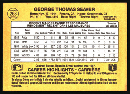 Back of a 1991 Topps baseball card featuring George Thomas Seaver, with a yellow background, white text boxes, and black borders.