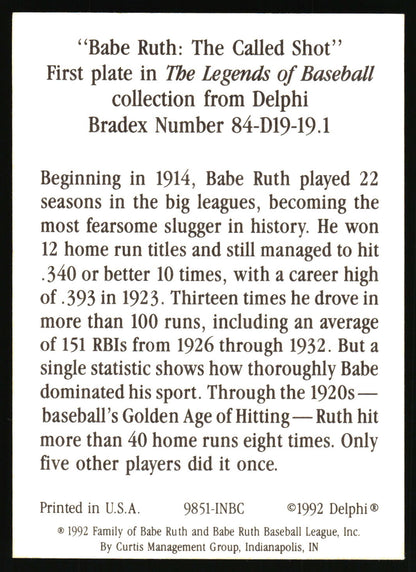 A black collectible baseball card featuring printed text about Babe Ruth, with his name and career statistics in white sans-serif lettering.