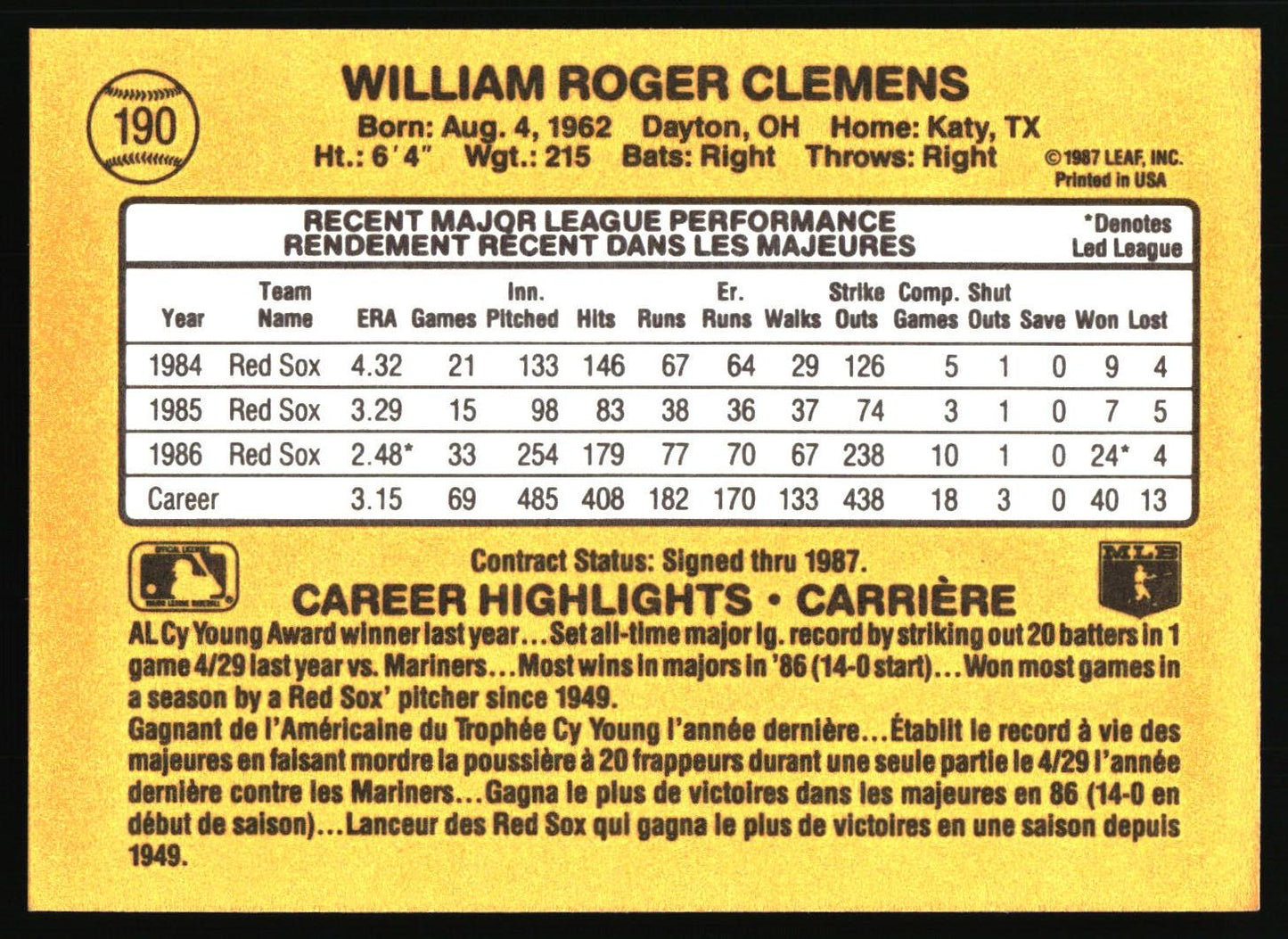 1987 Leaf #190 Roger Clemens