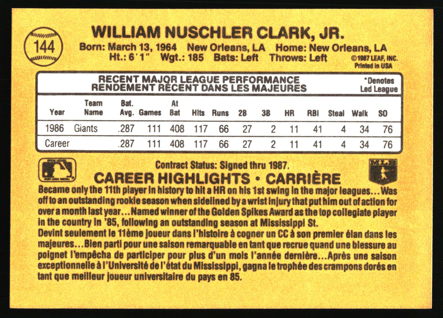 The back of a vintage yellow baseball trading card featuring player information for William Nuschler Clark, Jr., with black text, a performance chart, and a career highlights section.