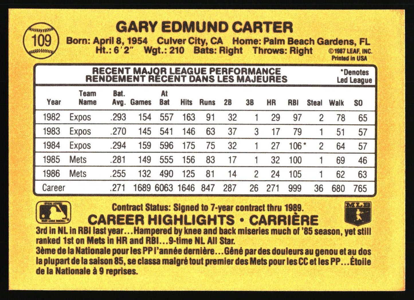 1987 Leaf #109 Gary Carter